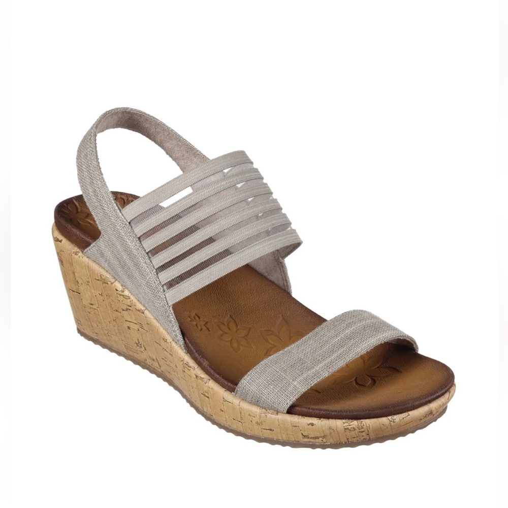 New Size 9.5 SKECHERS luxe foam cork wedges sandals pewter gold silver color
